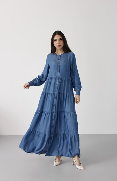 Neways - 6556-Denim Düğmeli Büzgülü Elbise Koyu Mavi