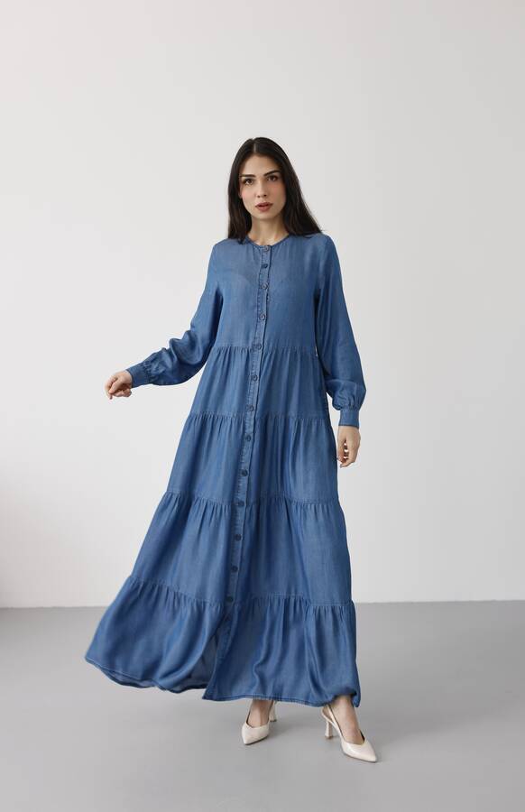 6556-Denim Düğmeli Büzgülü Elbise Koyu Mavi