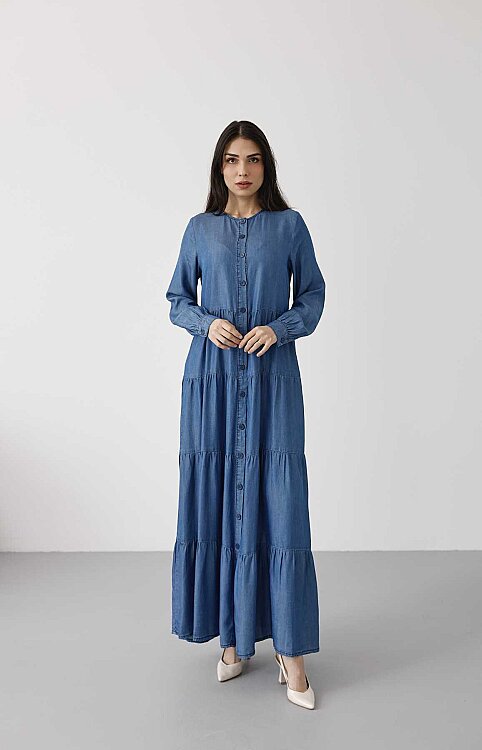 6556-Denim Düğmeli Büzgülü Elbise Koyu Mavi - 7