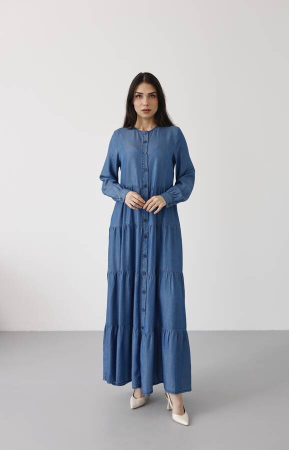 6556-Denim Düğmeli Büzgülü Elbise Koyu Mavi