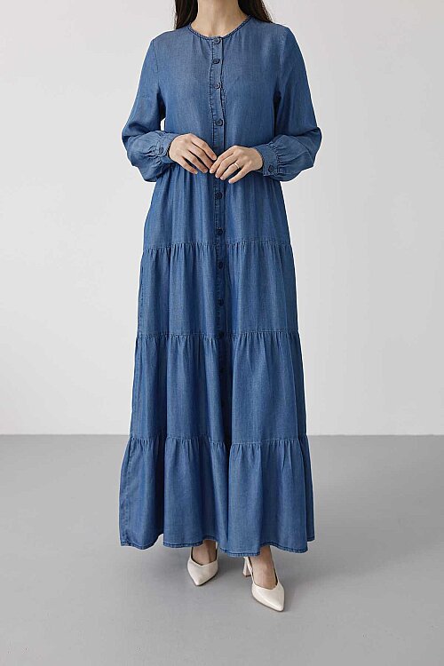 6556-Denim Düğmeli Büzgülü Elbise Koyu Mavi - 8