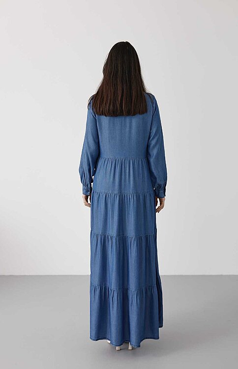 6556-Denim Düğmeli Büzgülü Elbise Koyu Mavi - 11