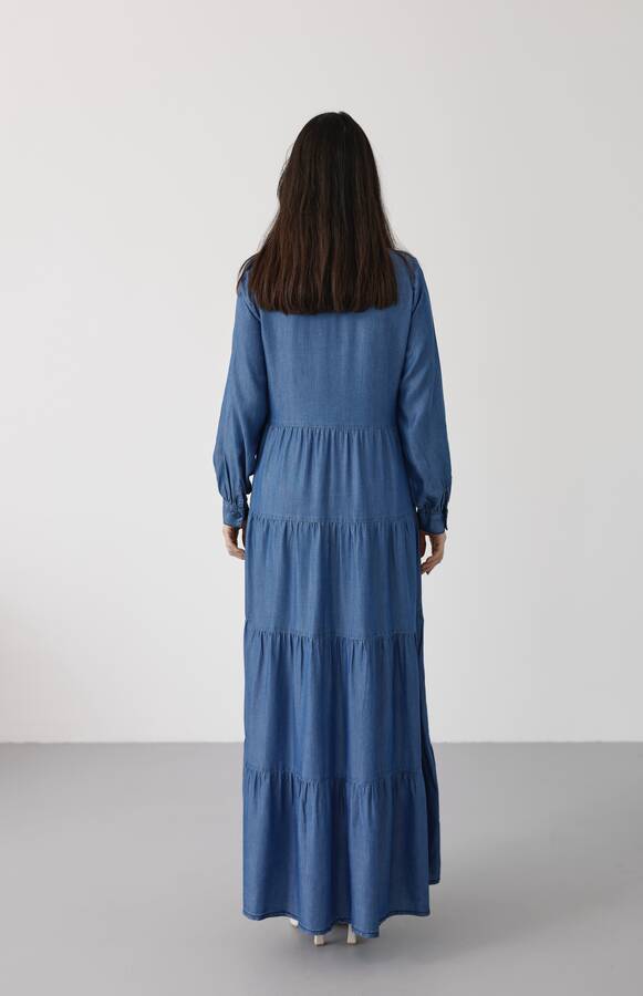 6556-Denim Düğmeli Büzgülü Elbise Koyu Mavi