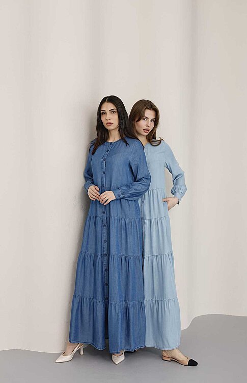 6556-Denim Düğmeli Büzgülü Elbise Koyu Mavi - 9