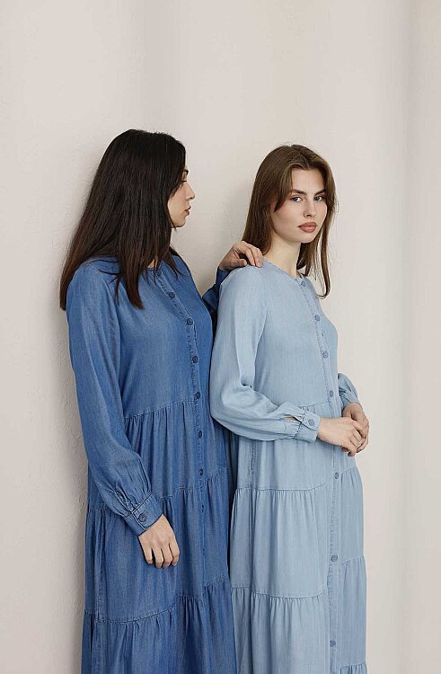 6556-Denim Düğmeli Büzgülü Elbise Koyu Mavi - 10