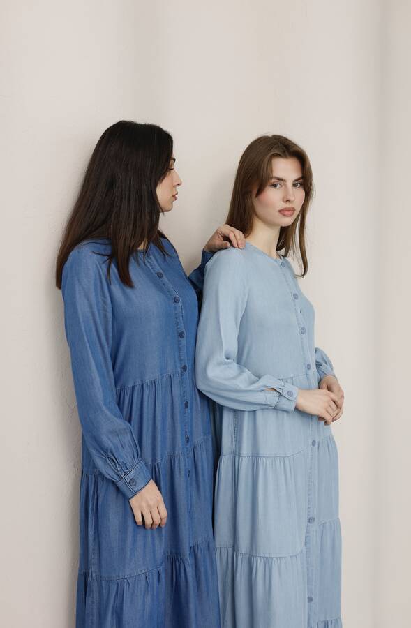 6556-Denim Düğmeli Büzgülü Elbise Koyu Mavi