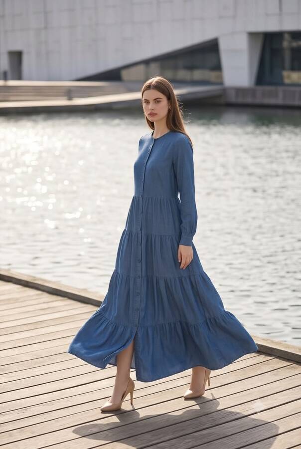 6556-Denim Düğmeli Büzgülü Elbise Koyu Mavi
