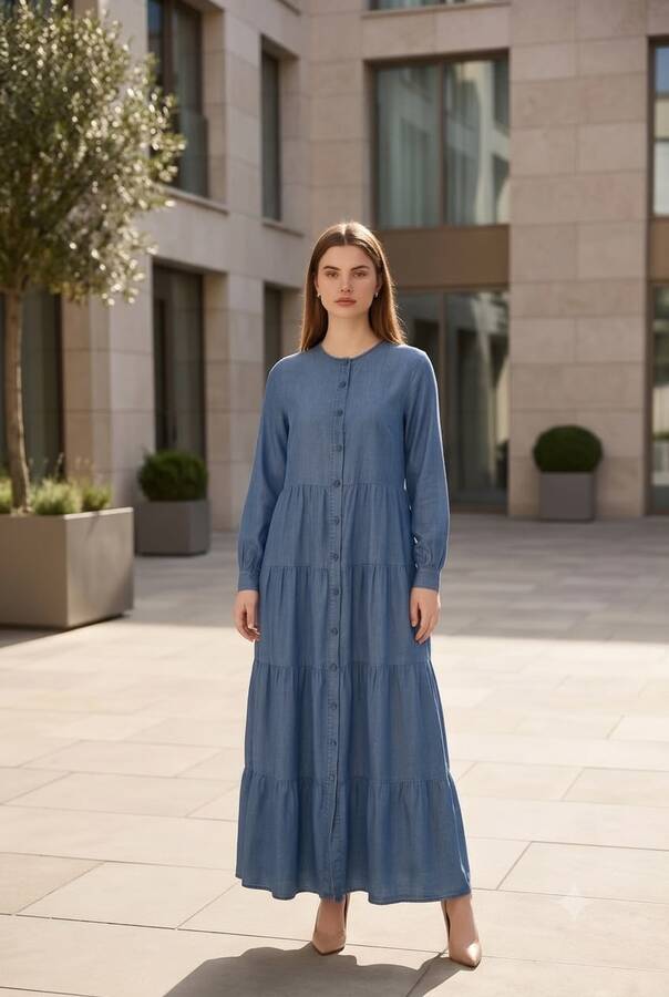 6556-Denim Düğmeli Büzgülü Elbise Koyu Mavi