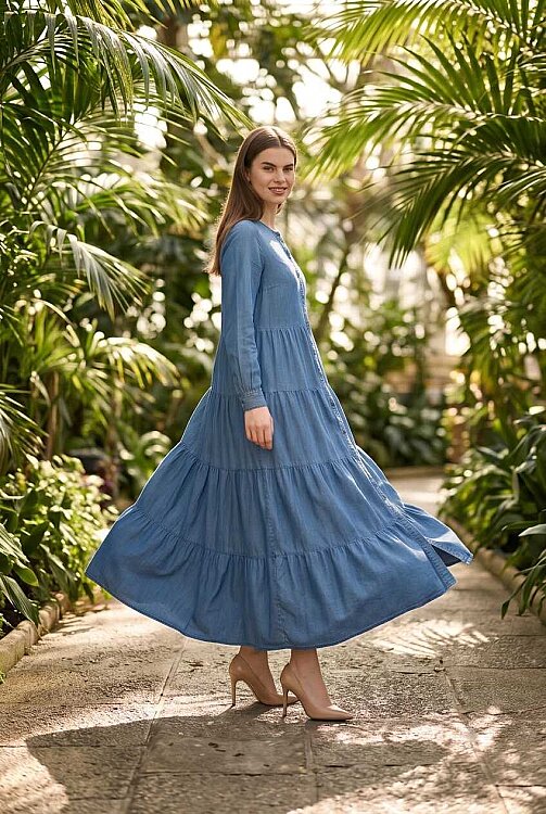 6556-Denim Düğmeli Büzgülü Elbise Koyu Mavi - 3