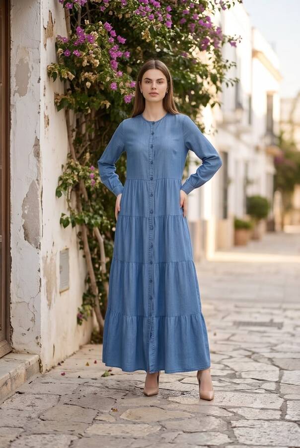 6556-Denim Düğmeli Büzgülü Elbise Koyu Mavi