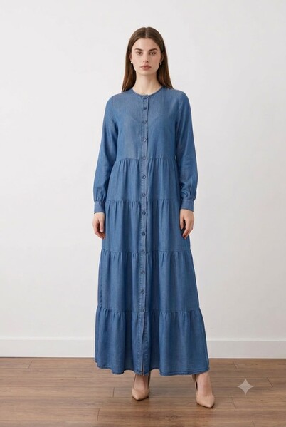Neways - 6556-Denim Düğmeli Büzgülü Elbise Koyu Mavi