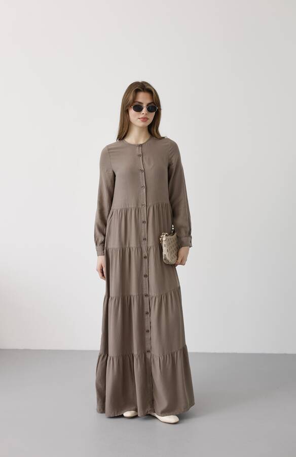 6556-Parça Boya Tensel Büzgülü Elbise Haki
