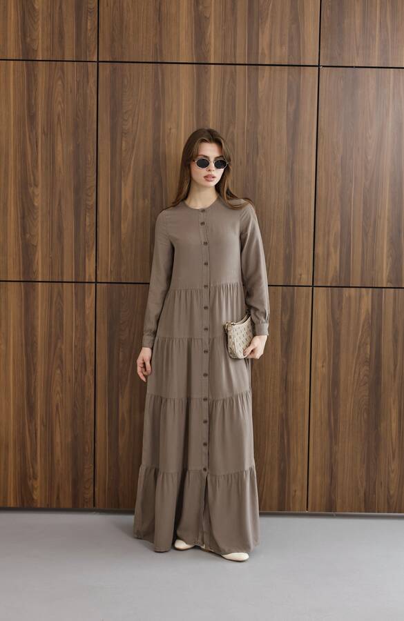 6556-Parça Boya Tensel Büzgülü Elbise Haki