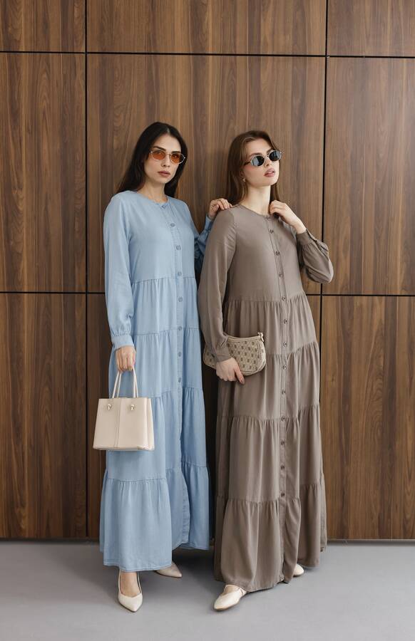 6556-Parça Boya Tensel Büzgülü Elbise Haki