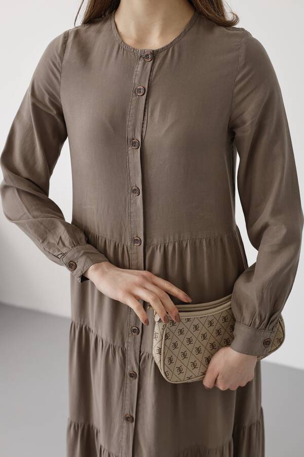 6556-Parça Boya Tensel Büzgülü Elbise Haki