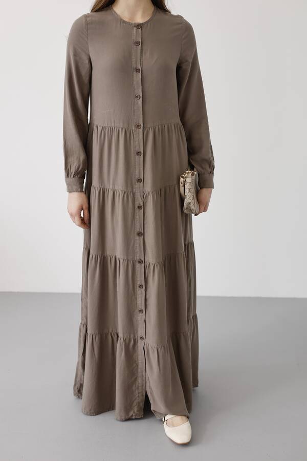 6556-Parça Boya Tensel Büzgülü Elbise Haki