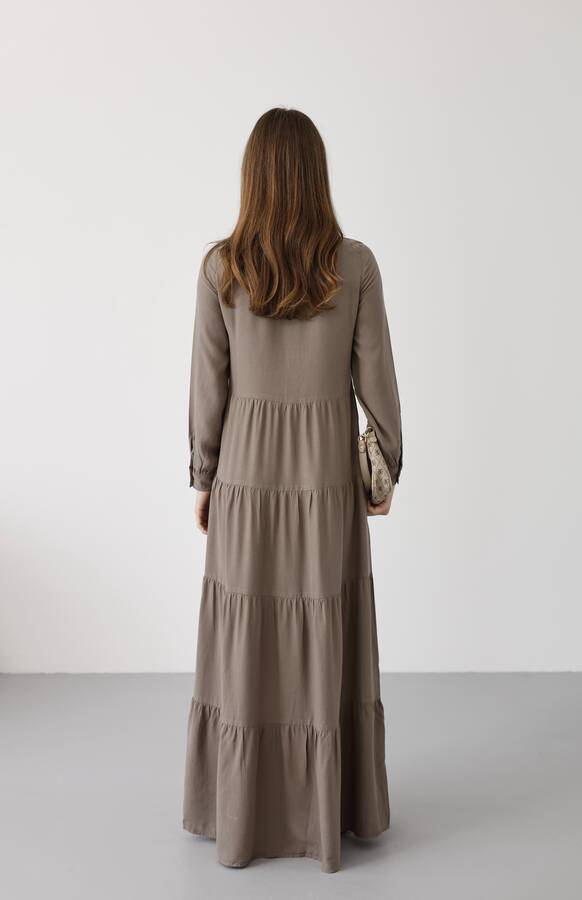 6556-Parça Boya Tensel Büzgülü Elbise Haki