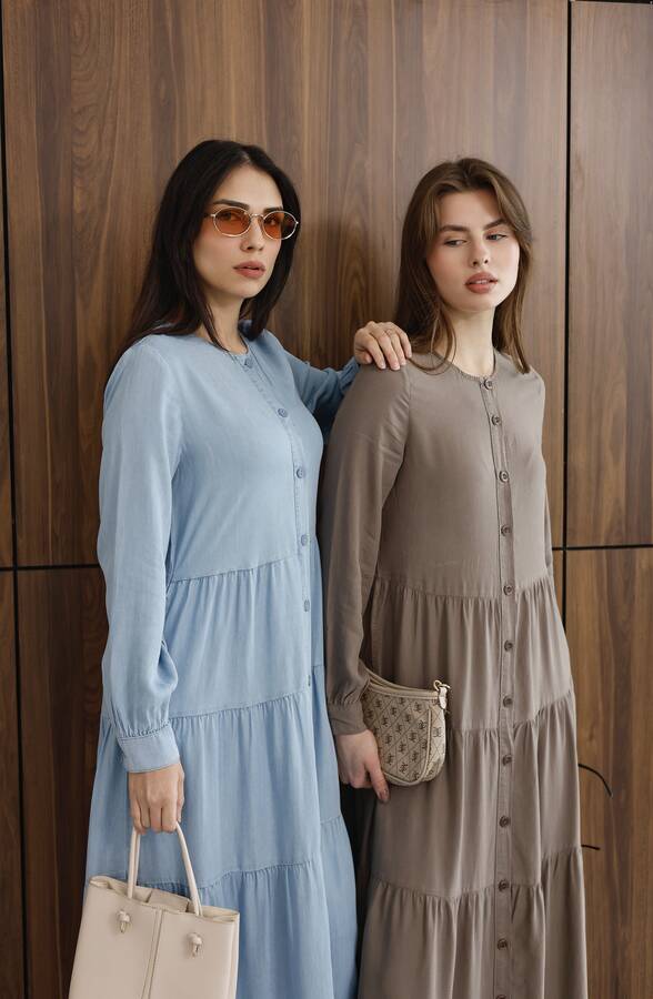 6556-Parça Boya Tensel Büzgülü Elbise Haki