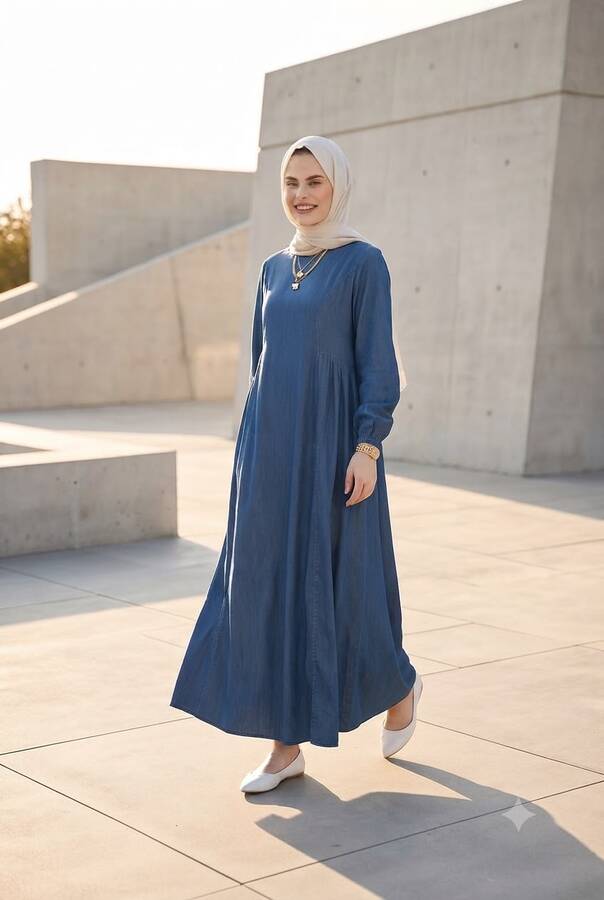 6557-Denim Sivri Yakalı Elbise Koyu Mavi