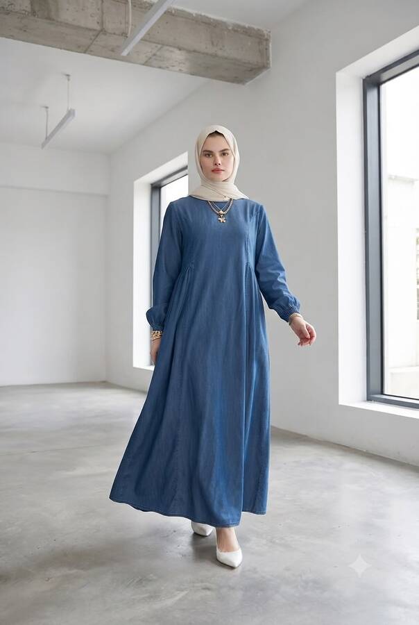 6557-Denim Sivri Yakalı Elbise Koyu Mavi