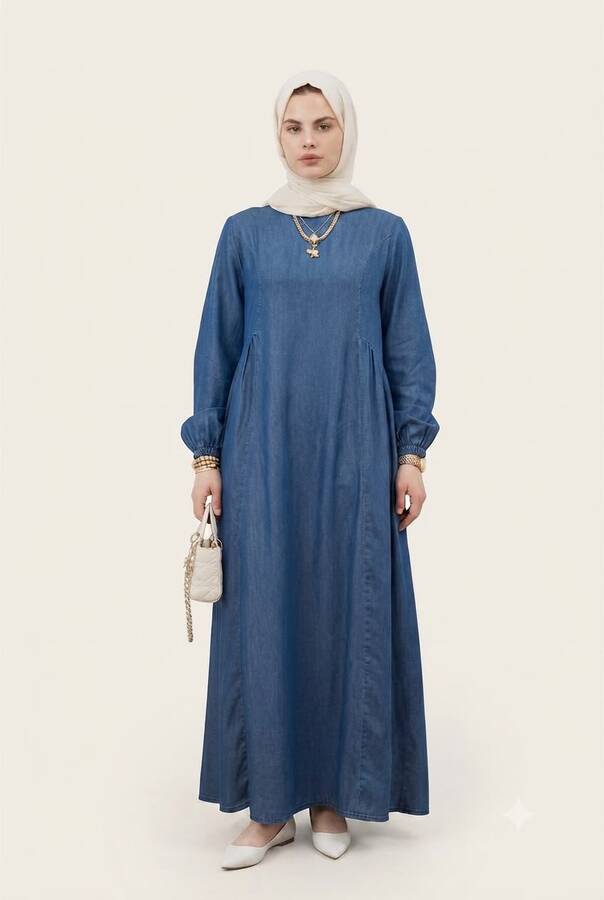 6557-Denim Sivri Yakalı Elbise Koyu Mavi