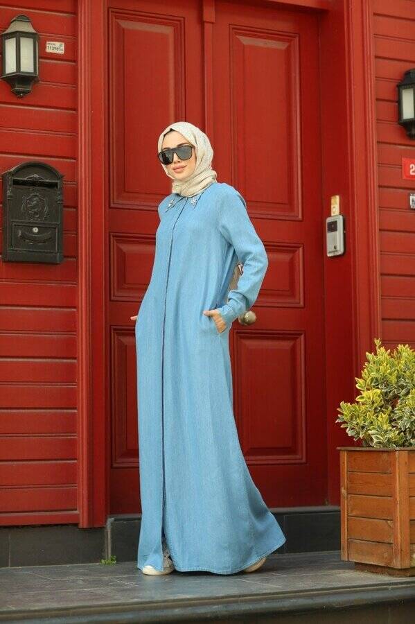 6557-Denim Sivri Yakalı Elbise Mavi