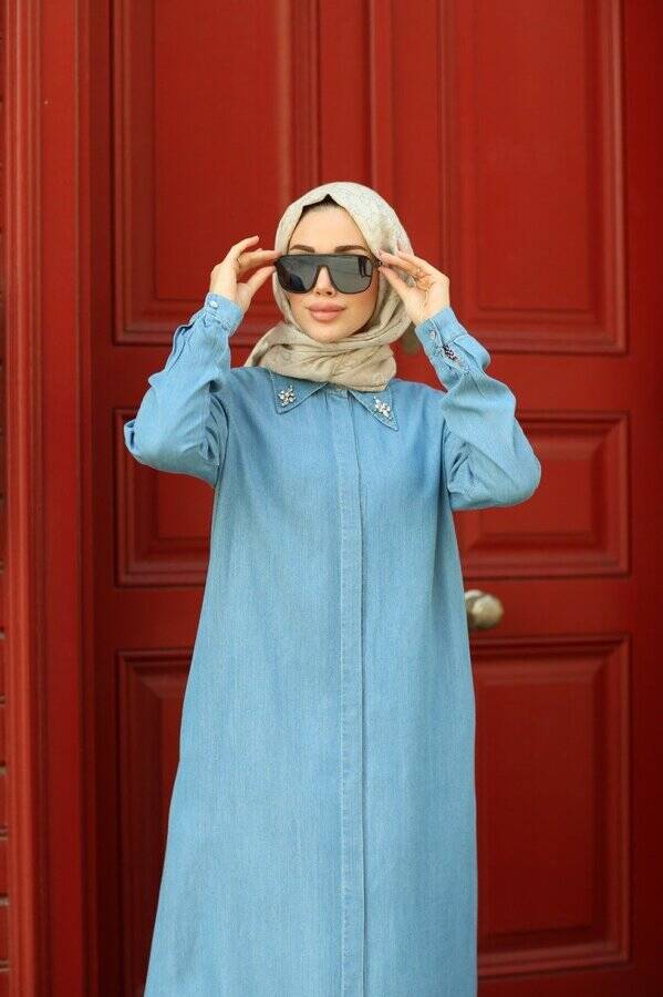 6557-Denim Sivri Yakalı Elbise Mavi