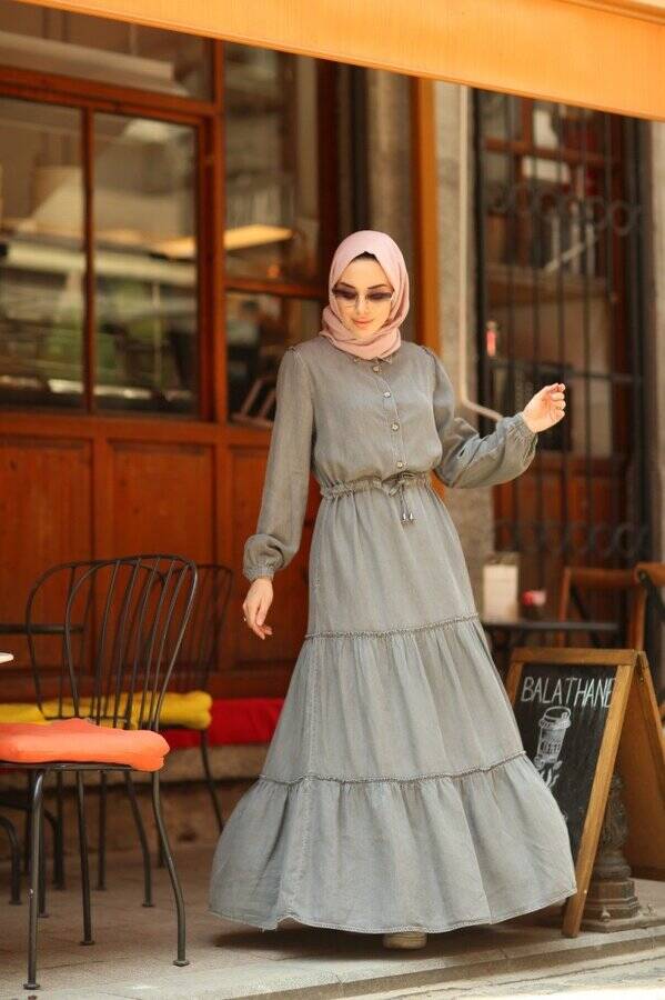 6559-Denim Büzgülü Telsel Elbise Gri