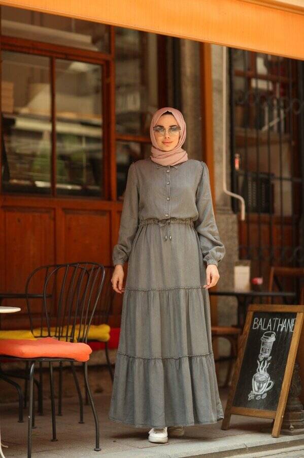 6559-Denim Büzgülü Telsel Elbise Gri