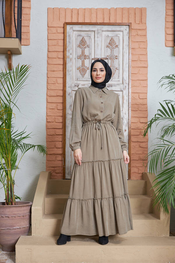 6559-Denim Büzgülü Telsel Elbise Haki