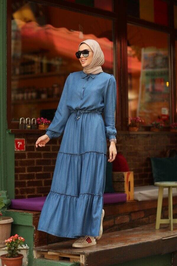 6559-Denim Büzgülü Telsel Elbise Koyu Mavi