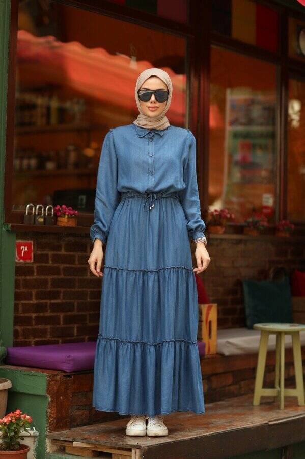 6559-Denim Büzgülü Telsel Elbise Koyu Mavi
