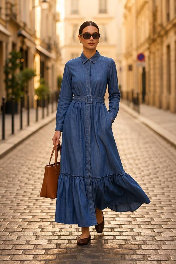 6561-Denim Kemerli Tensel Elbise Koyu Mavi