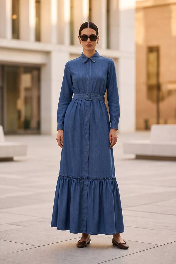 6561-Denim Kemerli Tensel Elbise Koyu Mavi