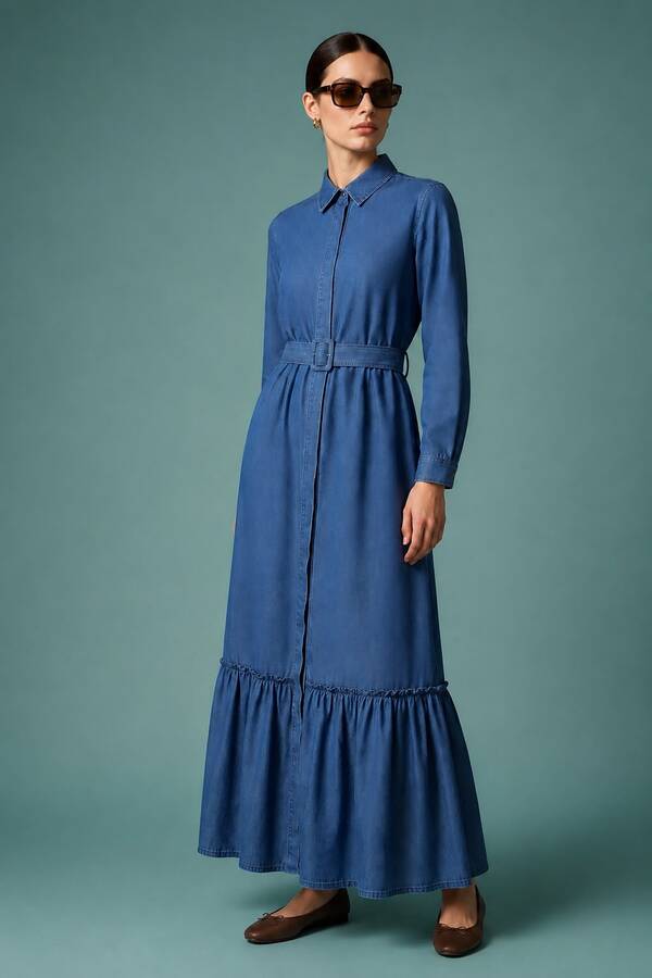 6561-Denim Kemerli Tensel Elbise Koyu Mavi