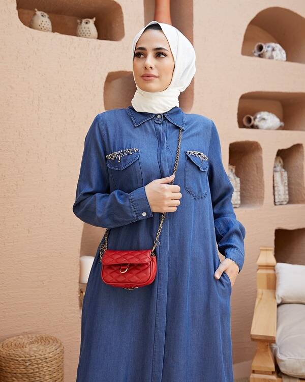 6562-Denim Cebi Taşlı Ferace Koyu Mavi