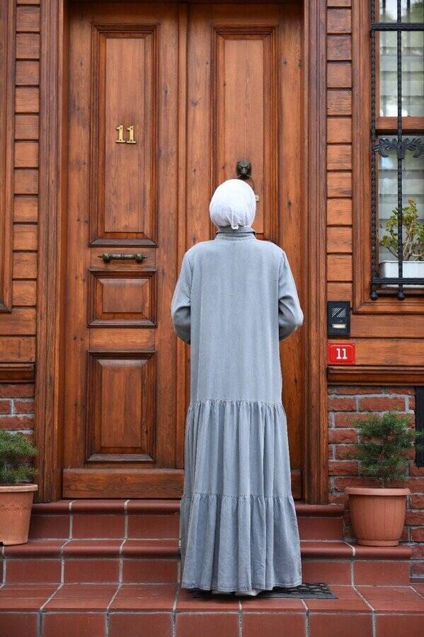 6564-Denim Büzgülü Düğmeli Elbise Gri