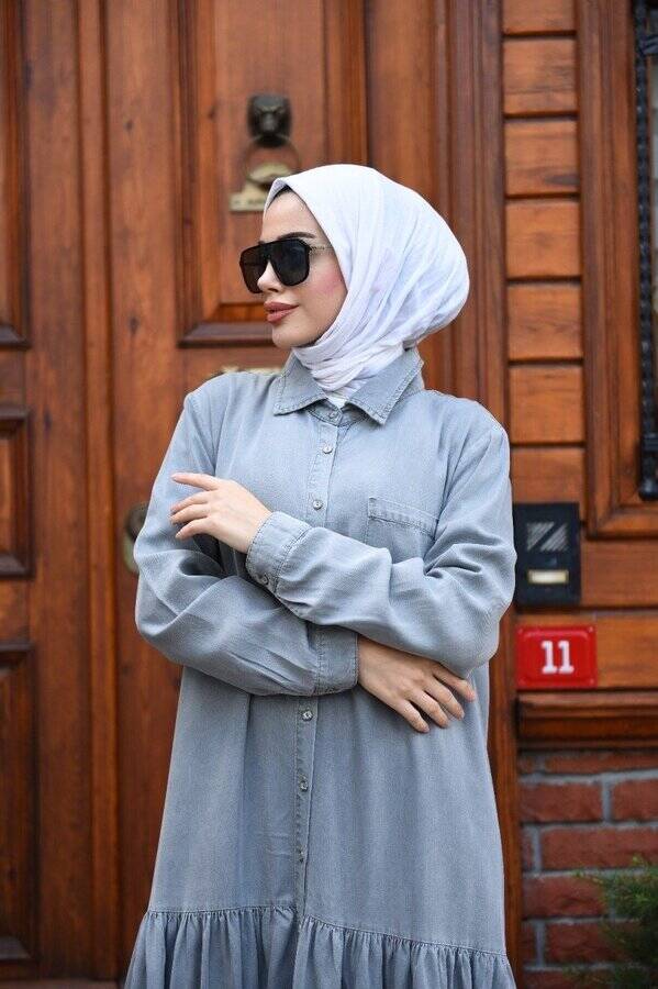 6564-Denim Büzgülü Düğmeli Elbise Gri