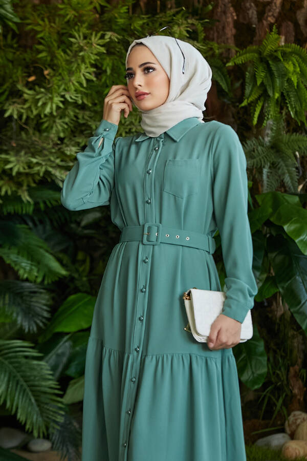 6564-Krep Düğmeli Fırfırlı Elbise Mint Yeşili