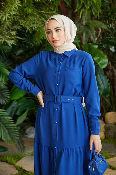 Neways - 6564-Krep Düğmeli Fırfırlı Elbise Saks Mavisi