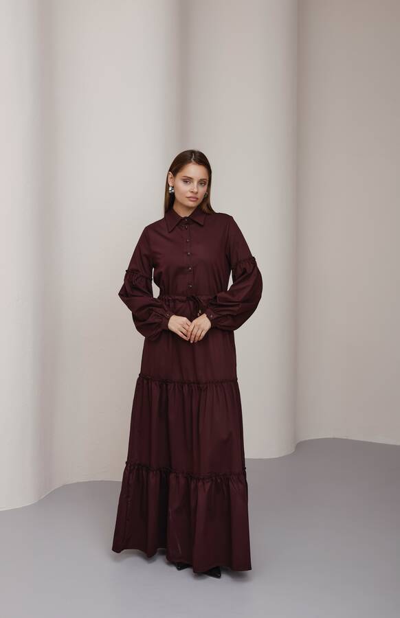 6567-Büzgülü Bağcıklı Elbise Bordo