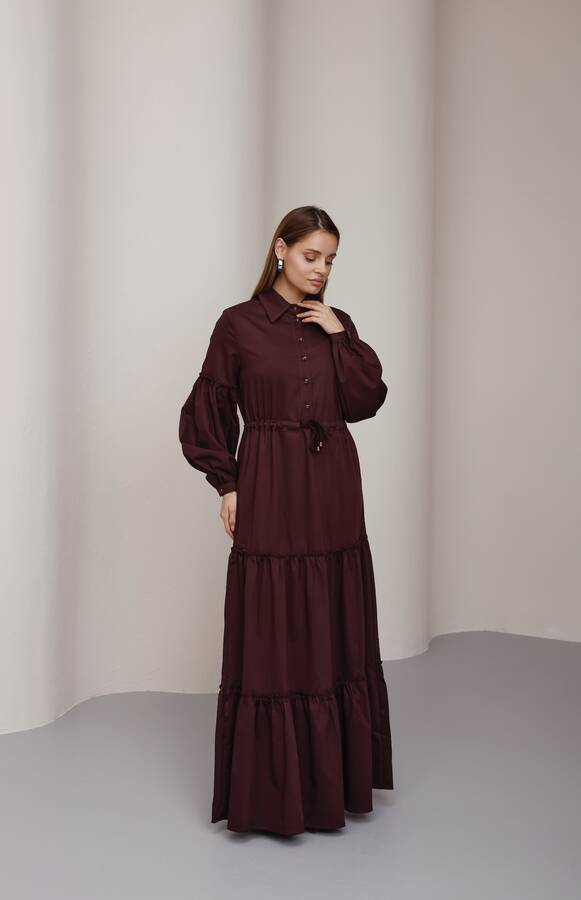 6567-Büzgülü Bağcıklı Elbise Bordo