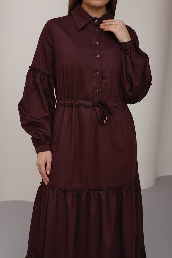 6567-Büzgülü Bağcıklı Elbise Bordo