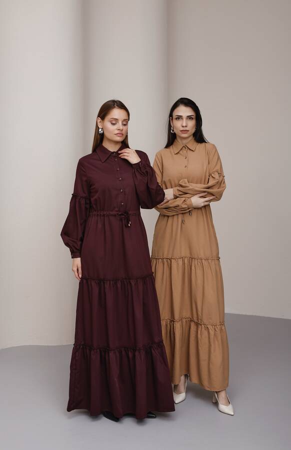 6567-Büzgülü Bağcıklı Elbise Bordo