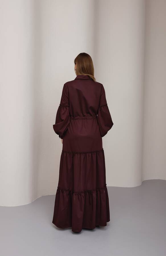 6567-Büzgülü Bağcıklı Elbise Bordo