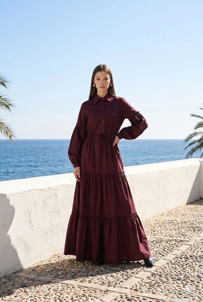 Neways - 6567-Büzgülü Bağcıklı Elbise Bordo