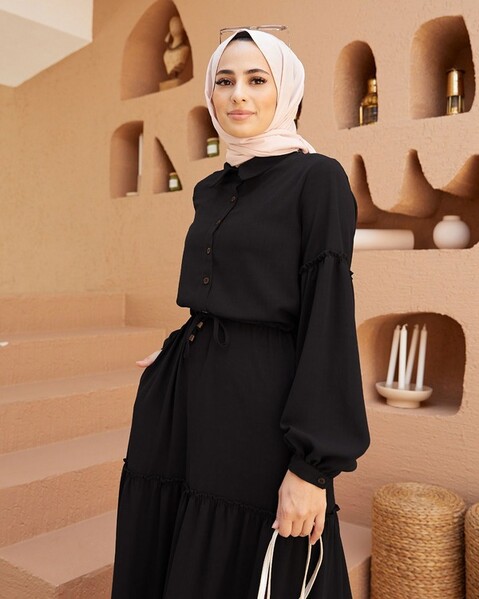 Neways - 6567-Büzgülü Bağcıklı Elbise Siyah