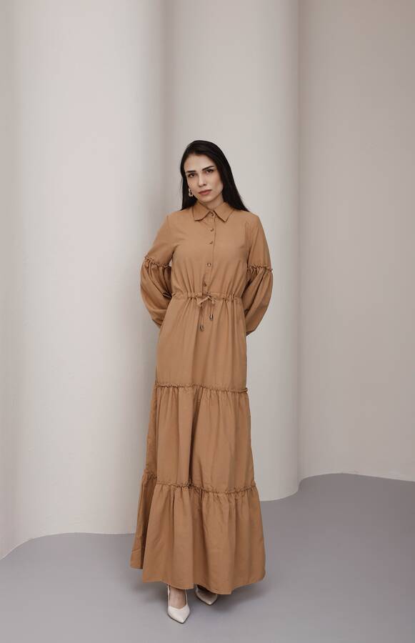 6567-Carla Büzgülü Elbise Camel