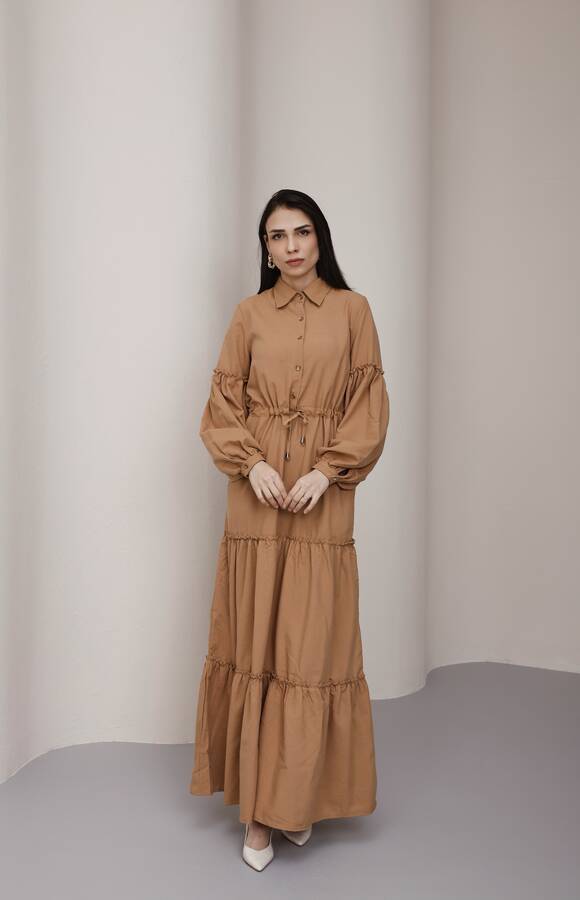 6567-Carla Büzgülü Elbise Camel
