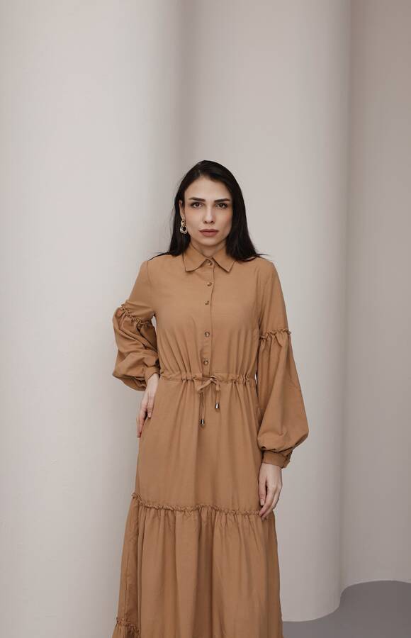 6567-Carla Büzgülü Elbise Camel